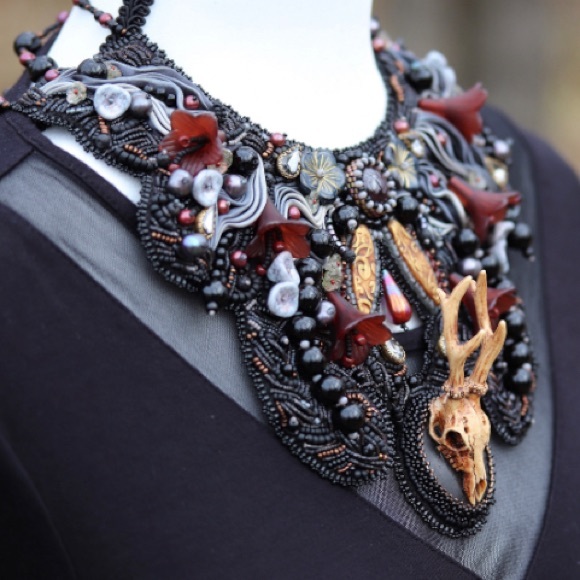 handmade Jewelry - Gothic Animal Skull Statement Artisan Necklace w/ Star Garnet Art Piece